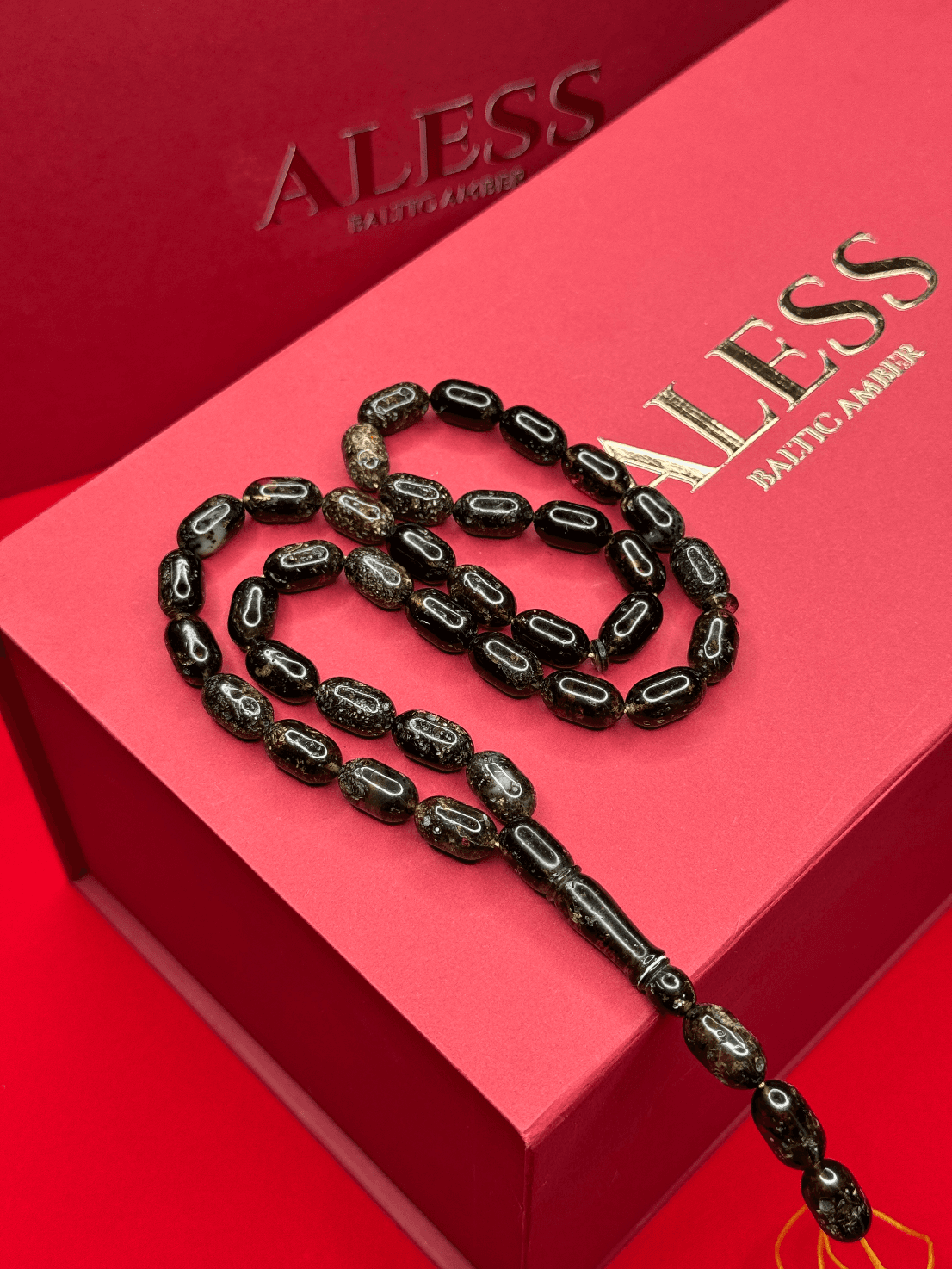 Black Amber Barrel Rosary 36 Beads, 15/8mm, 33g - 1