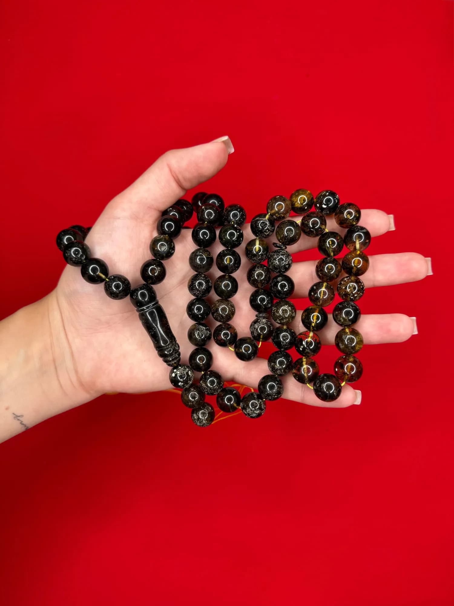 Black Amber Round Rosary 69 Beads, 12mm, 85g - 1